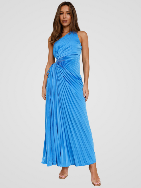 Stijlvolle one shoulder maxi jurk met plissé details
