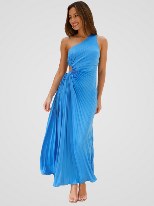 Stijlvolle one shoulder maxi jurk met plissé details