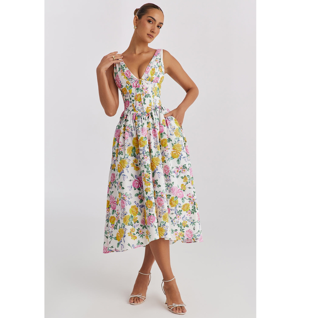Feestelijke midi-jurk met bloemenprint en verfijnde details