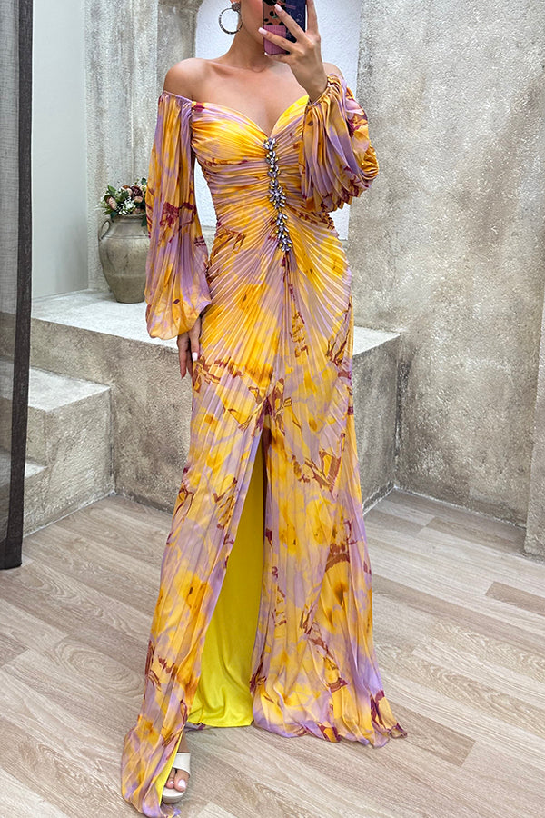 Elegante maxi avondjurk met print en off shoulder details