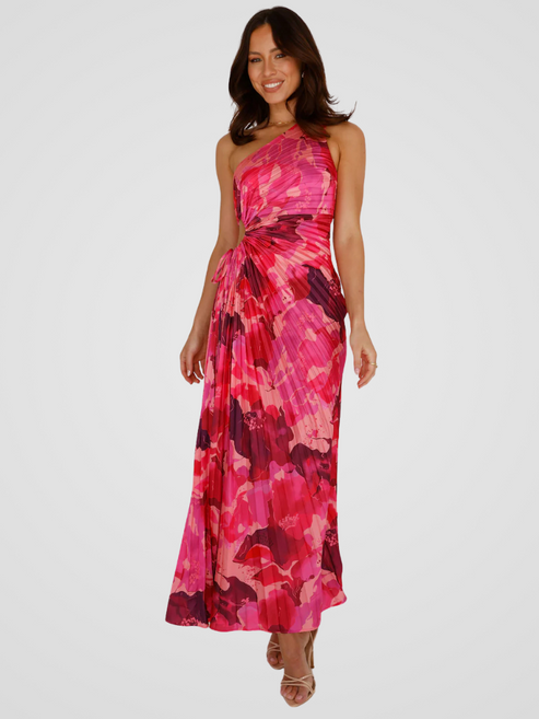 Stijlvolle one shoulder maxi jurk met plissé details