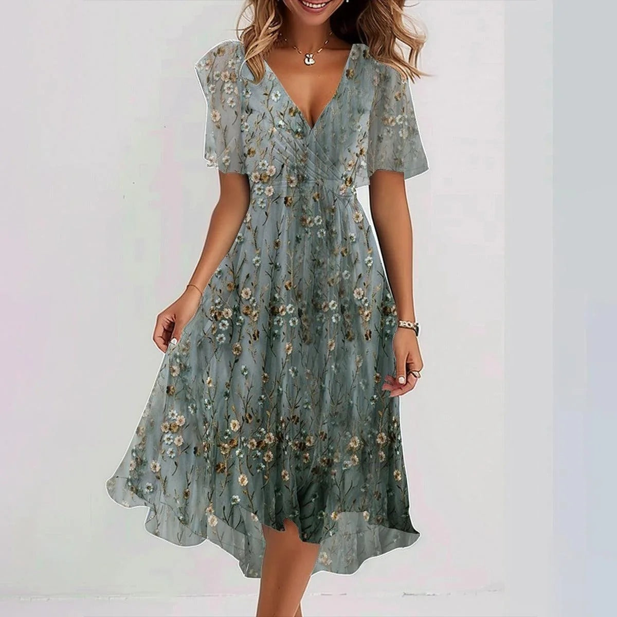 Luchtige midi zomerjurk met korte mouwen voor een stijlvolle en frisse look