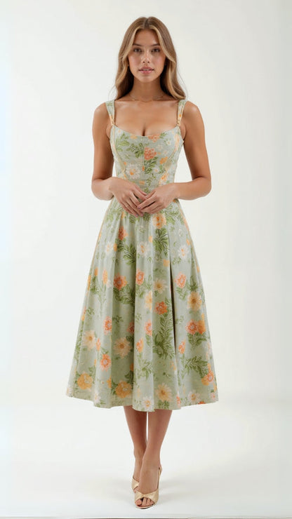 Zomerse midi jurk met bloemenpatroon en ronde halslijn