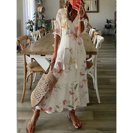 Maxi boho jurk met soepel vallende vorm en korte mouwen