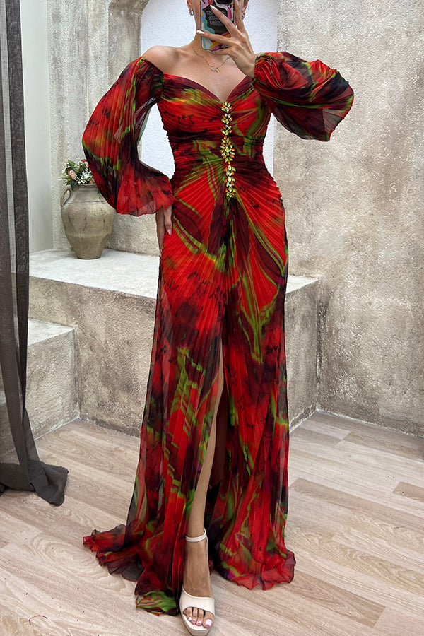 Elegante maxi avondjurk met print en off shoulder details