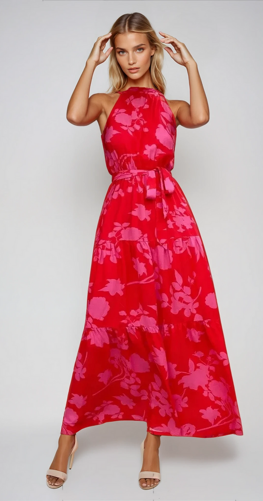 Maxi zomerjurk voor dames met print en taillelint in elegante losse stijl