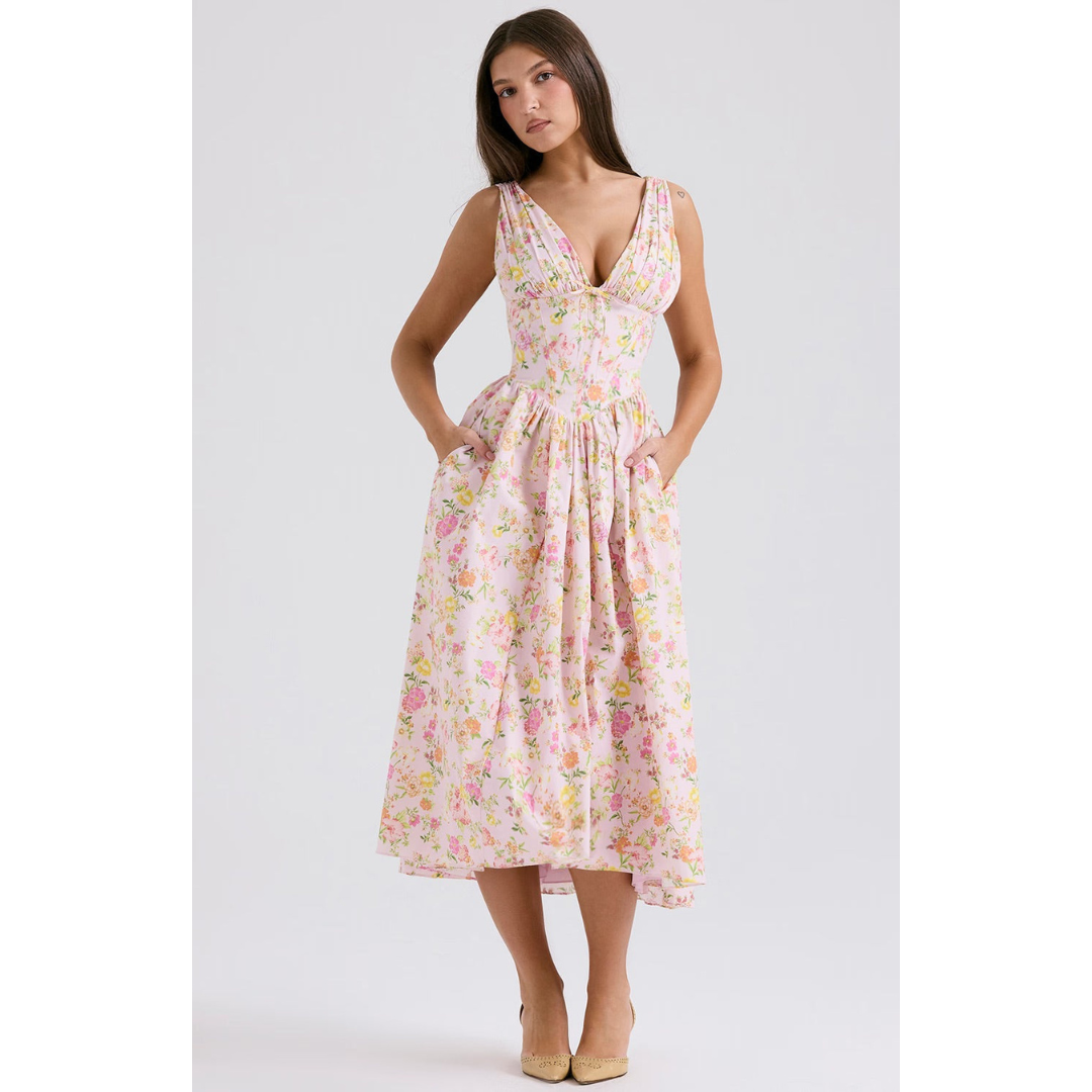 Feestelijke midi-jurk met bloemenprint en verfijnde details