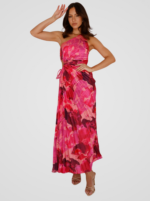 Stijlvolle one shoulder maxi jurk met plissé details