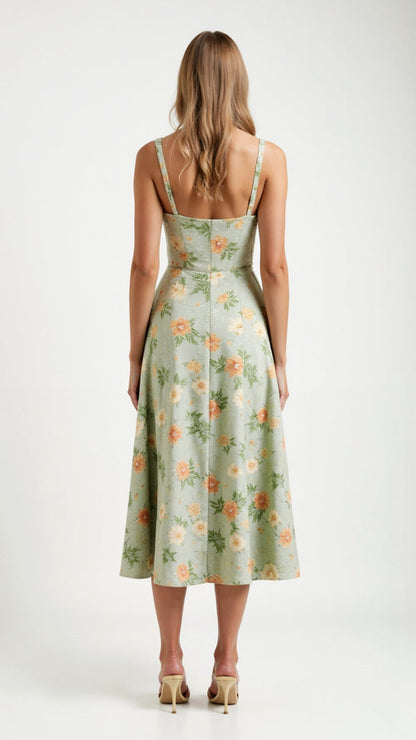 Zomerse midi jurk met bloemenpatroon en ronde halslijn