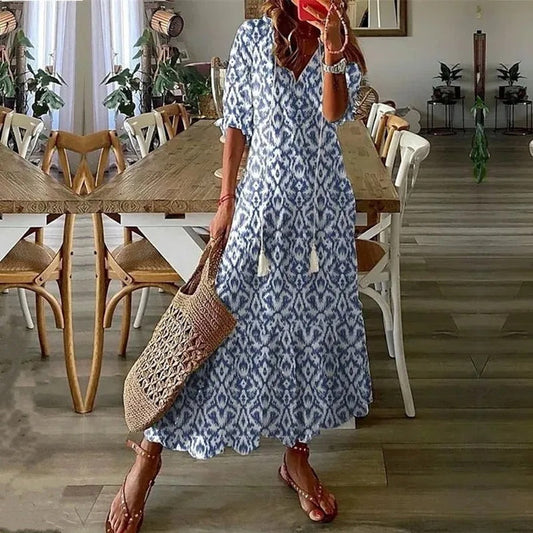 Maxi boho jurk met soepel vallende vorm en korte mouwen