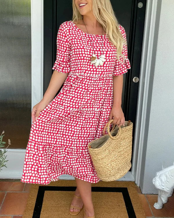 Casual midi zomerjurk met stippenpatroon en korte mouwen