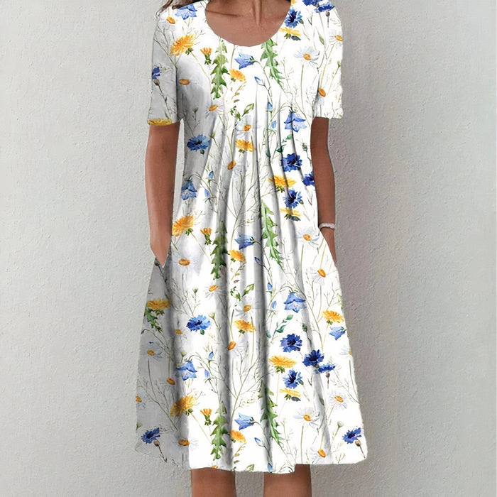 Casual midi damesjurk met bloemenprint en korte mouwen