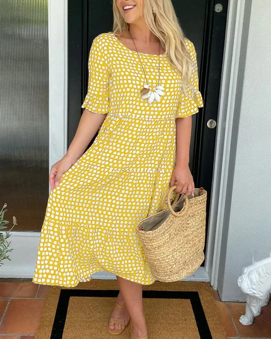 Casual midi zomerjurk met stippenpatroon en korte mouwen