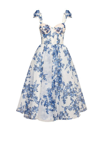 Midi zomerjurk met speelse bloemenlook en smalle bandjes