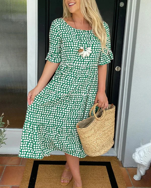 Casual midi zomerjurk met stippenpatroon en korte mouwen
