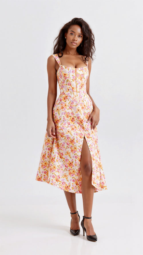 Zomerse midi jurk met bloemenpatroon en ronde halslijn
