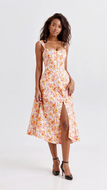 Zomerse midi jurk met bloemenpatroon en ronde halslijn
