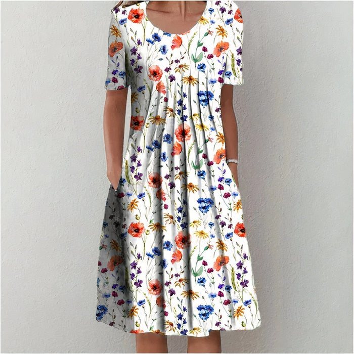 Casual midi damesjurk met bloemenprint en korte mouwen