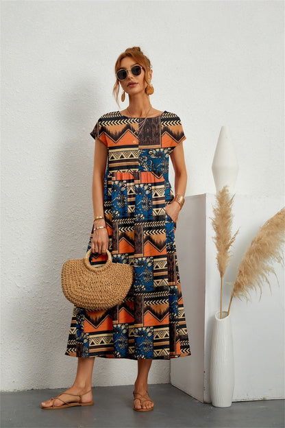 Casual lange jurk voor dames met printstijl en korte mouwen
