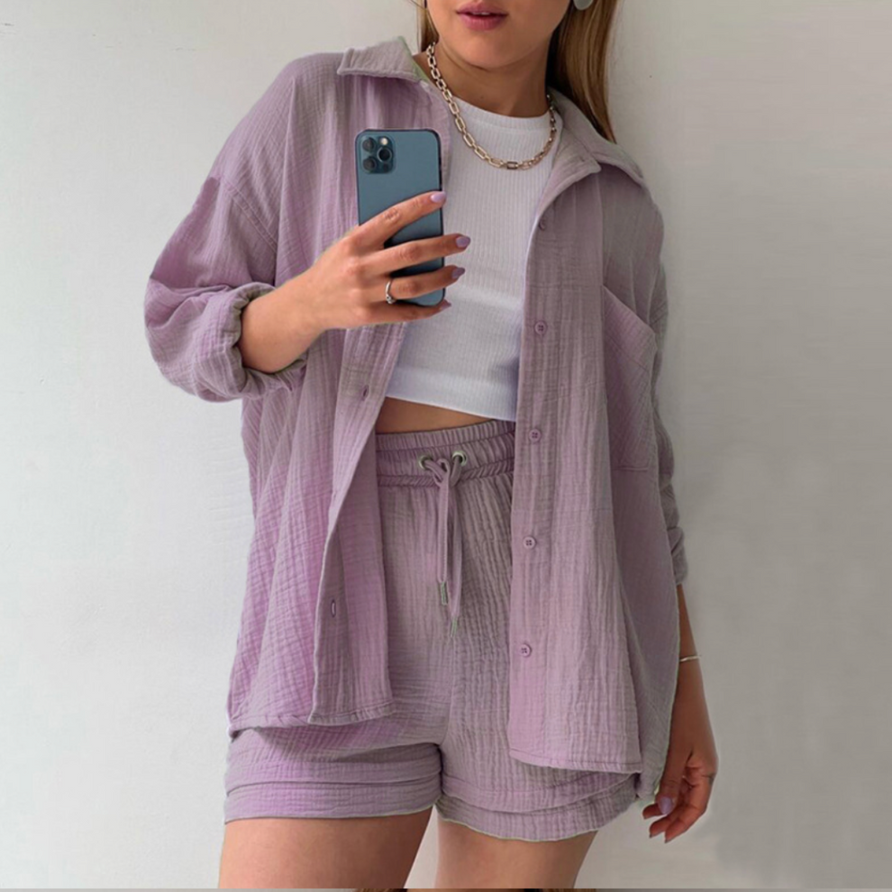 Casual dames set voor de zomer met overhemd met lange mouwen en shorts