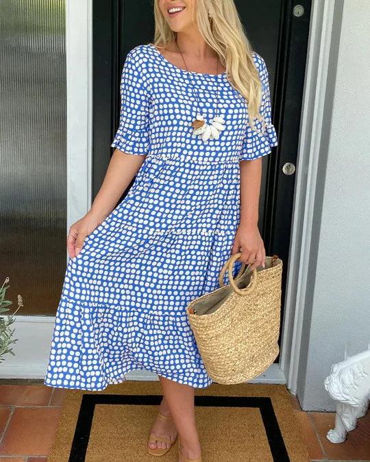 Casual midi zomerjurk met stippenpatroon en korte mouwen