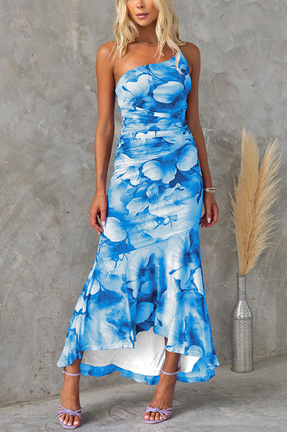 Elegante lange jurk met asymmetrisch model en bloemendessin