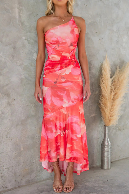 Elegante lange jurk met asymmetrisch model en bloemendessin