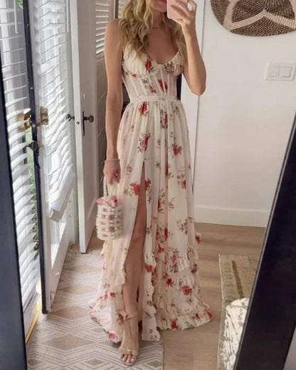 Lange jurk met smalle bandjes romantische bloemenprint en elegant bovenstuk