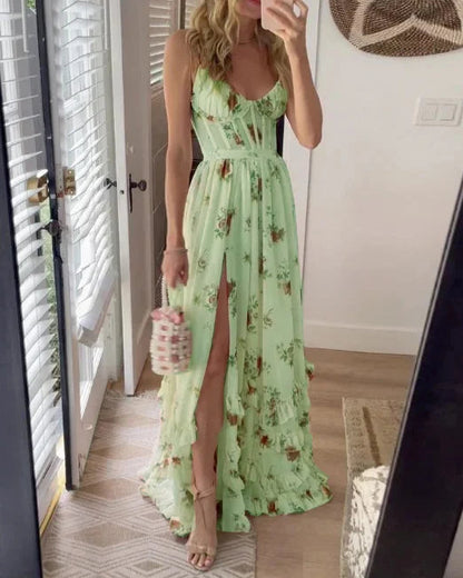 Lange jurk met smalle bandjes romantische bloemenprint en elegant bovenstuk