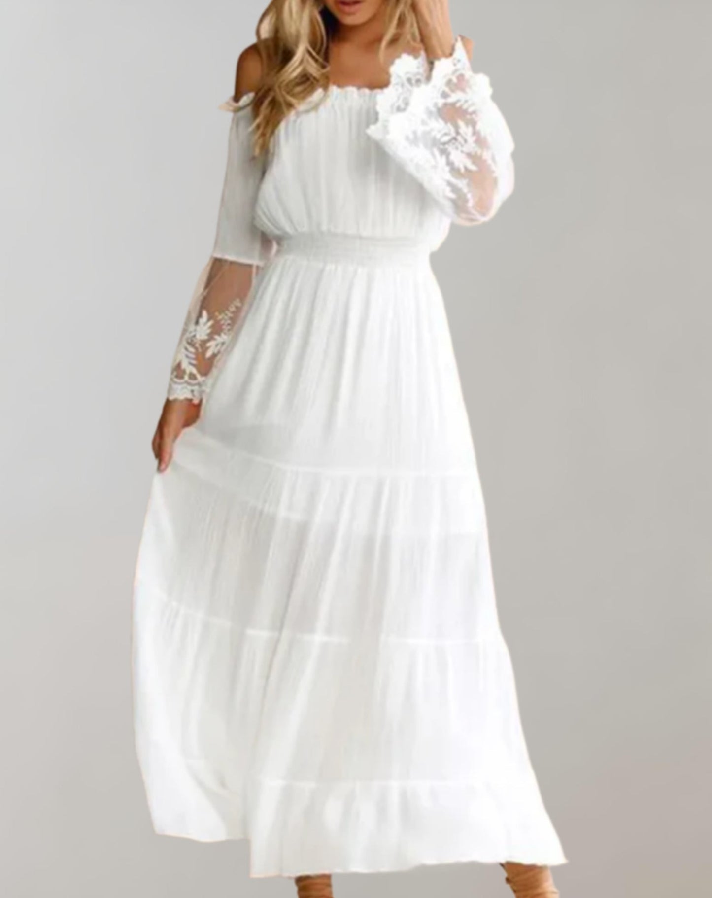 Kanten Off-Shoulder Midi-Jurk met Lange Mouwen – Sophie