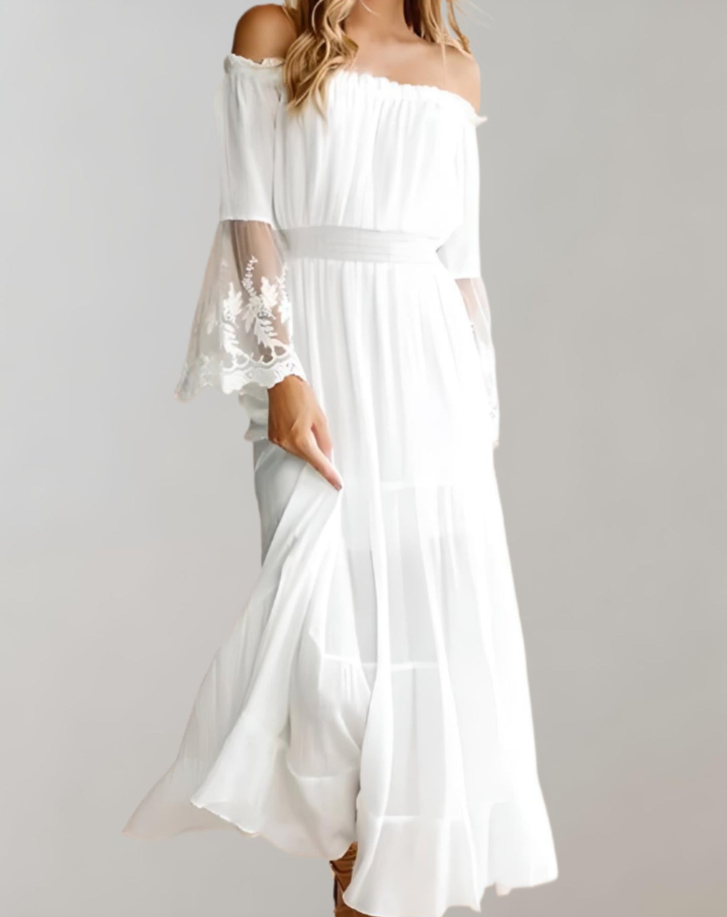 Kanten Off-Shoulder Midi-Jurk met Lange Mouwen – Sophie
