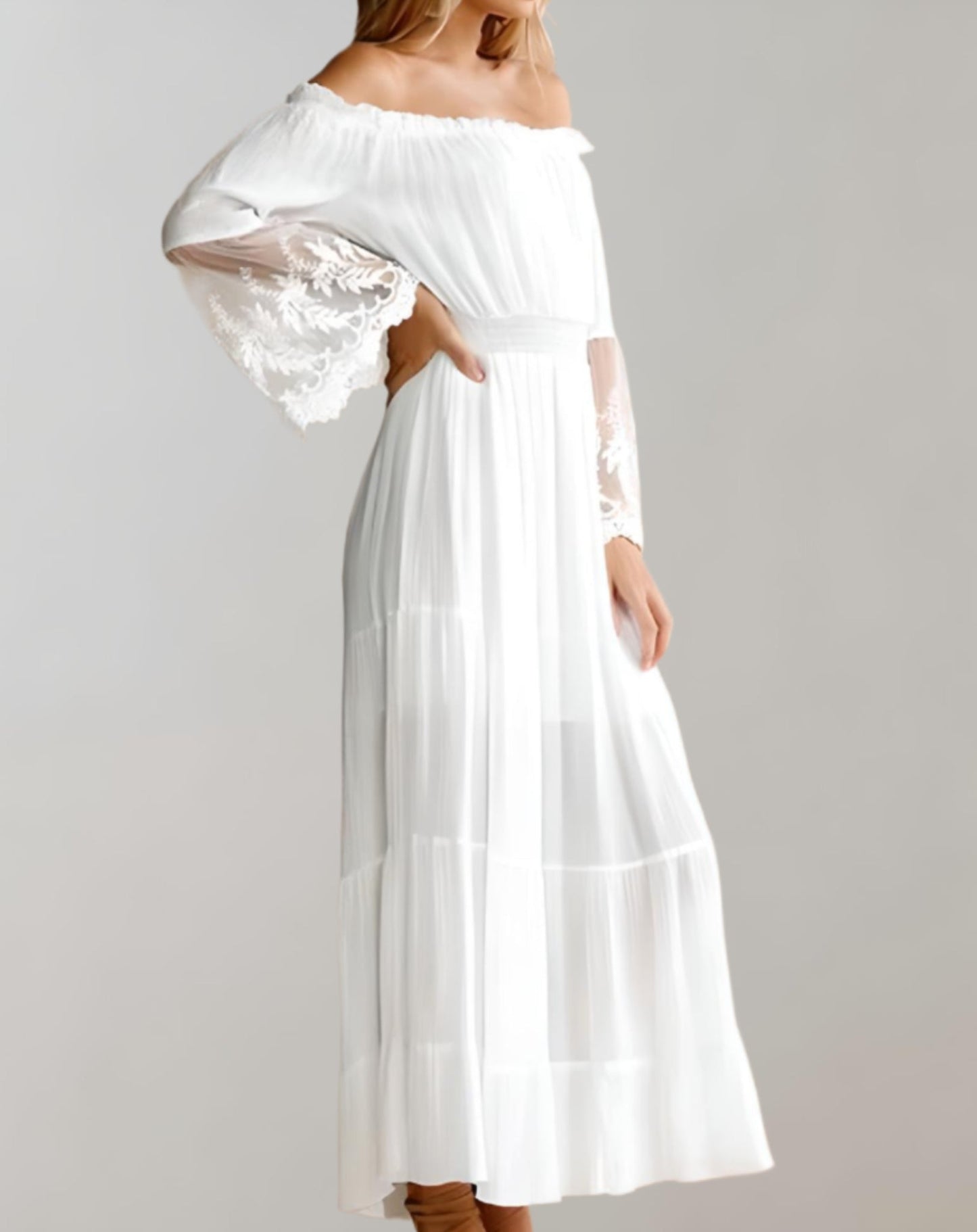 Kanten Off-Shoulder Midi-Jurk met Lange Mouwen – Sophie