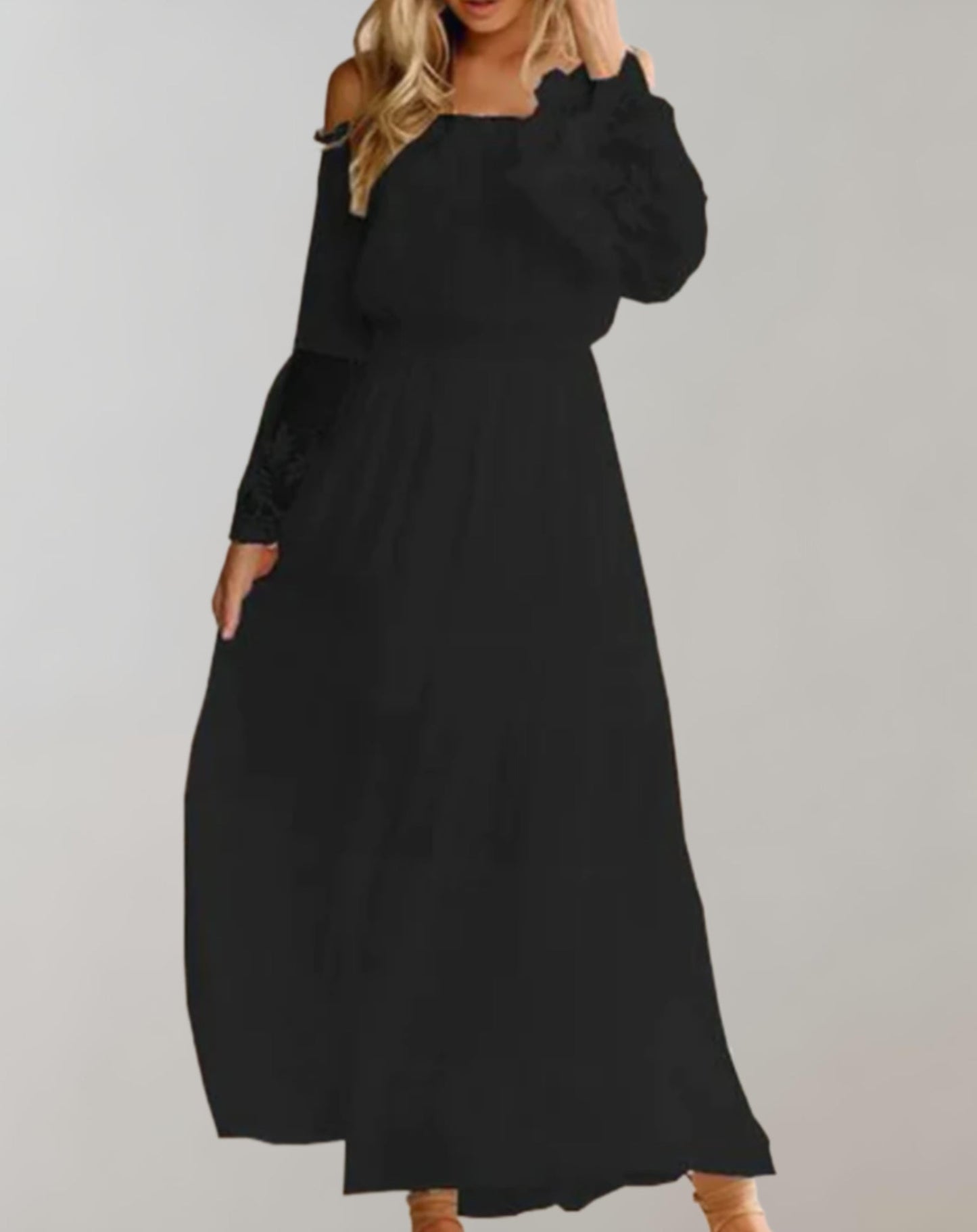 Kanten Off-Shoulder Midi-Jurk met Lange Mouwen – Sophie