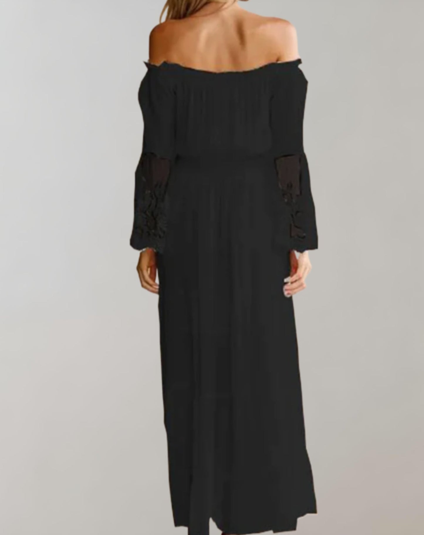 Kanten Off-Shoulder Midi-Jurk met Lange Mouwen – Sophie
