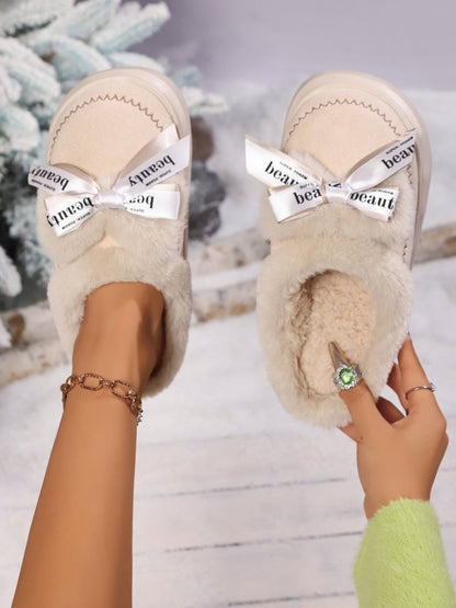 Suède platform pantoffels met strik en pluche voering – Eva