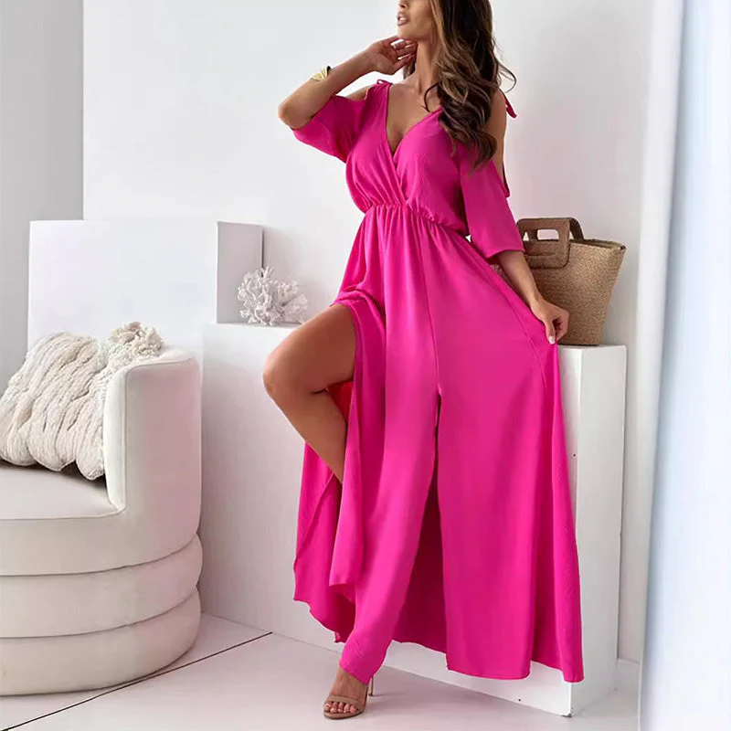 Lange jurk voor dames met korte mouwen en moderne elegante afwerking