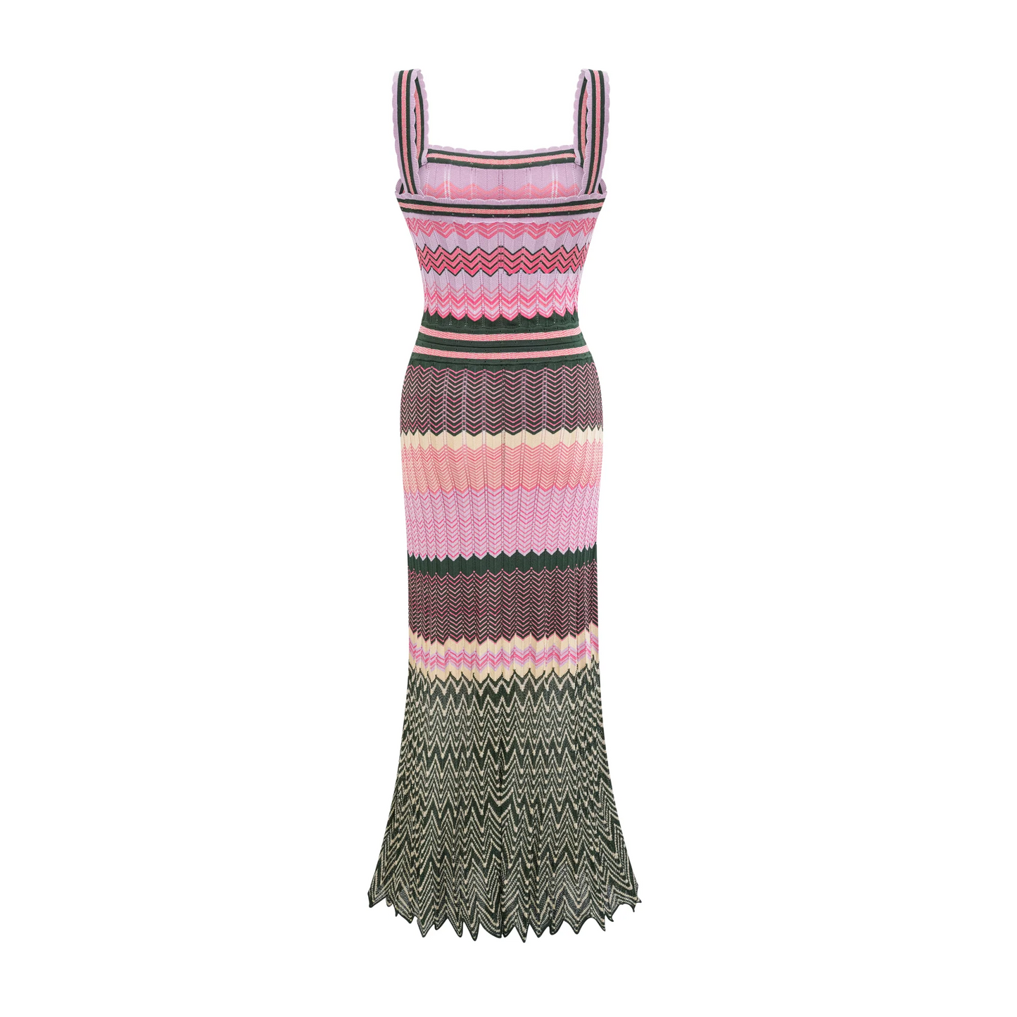 Trendy midi-jurk met opvallende bandjes en vierkante hals