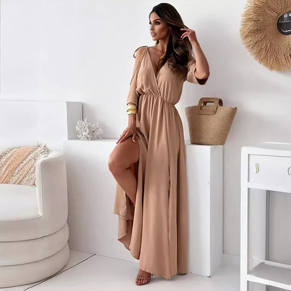 Lange jurk voor dames met korte mouwen en moderne elegante afwerking