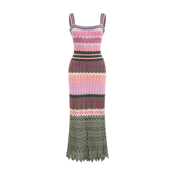 Trendy midi-jurk met opvallende bandjes en vierkante hals